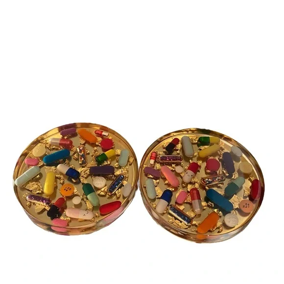 Gold Leaf Resin Pill Pharmaceutical Coasters Set 2-Coasters Dopamine Decor gift - Picture 5 of 8